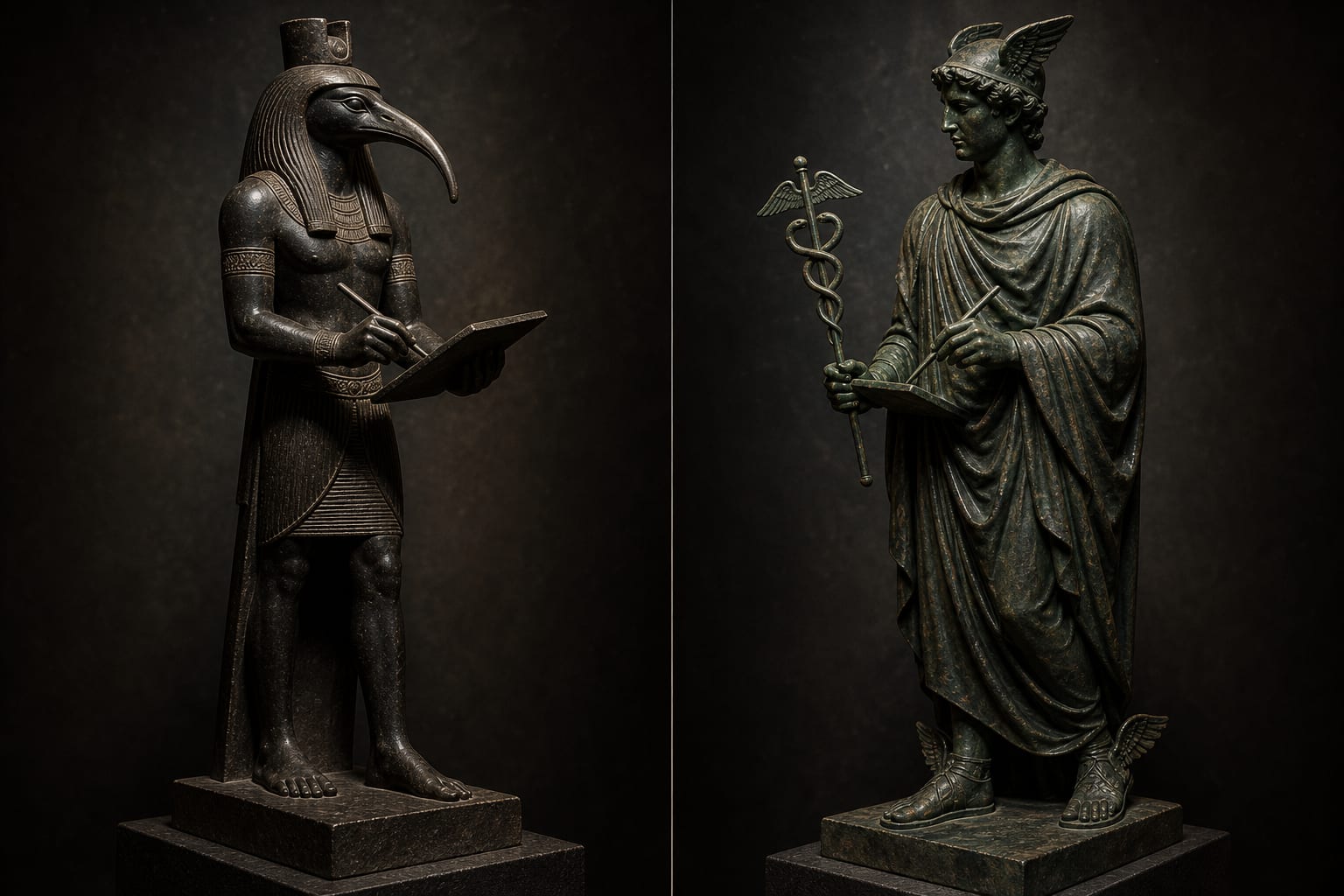 Composição dividida: à esquerda, estátua egípcia de Thoth com cabeça de íbis segurando paleta e estilete de escriba; à direita, estátua grega de Hermes com caduceu segurando a mesma tábua e o mesmo estilete, sob luz idêntica.