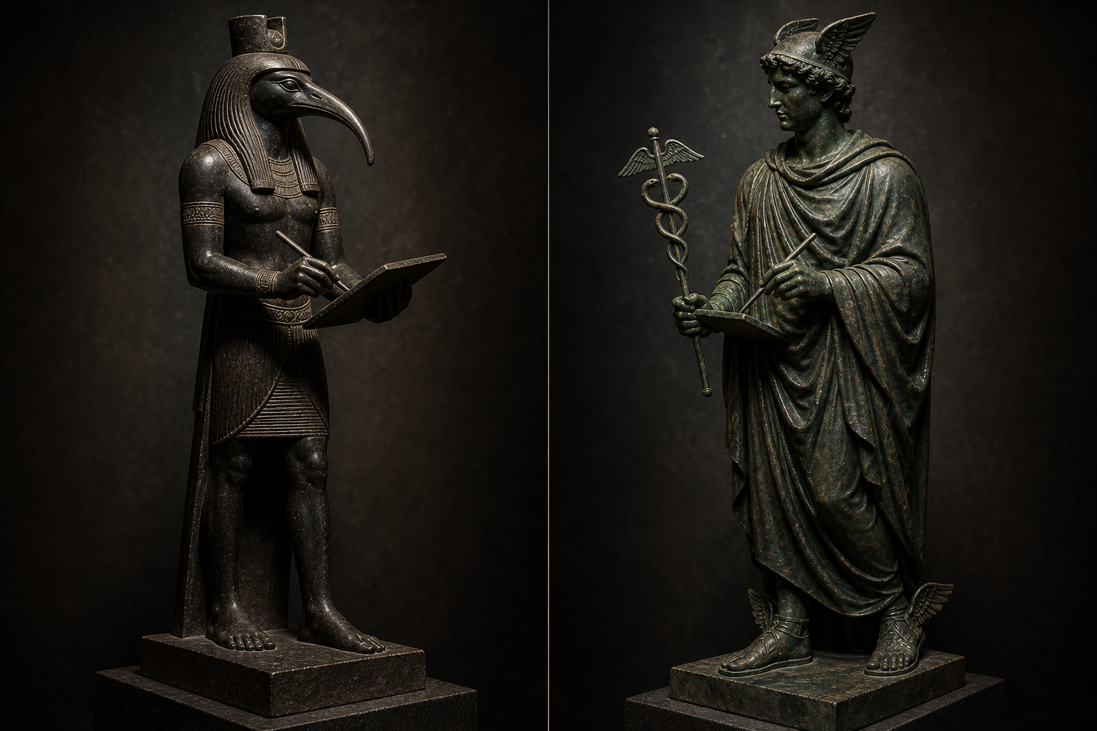 Composição dividida: à esquerda, estátua egípcia de Thoth com cabeça de íbis segurando paleta e estilete de escriba; à direita, estátua grega de Hermes com caduceu segurando a mesma tábua e o mesmo estilete, sob luz idêntica.