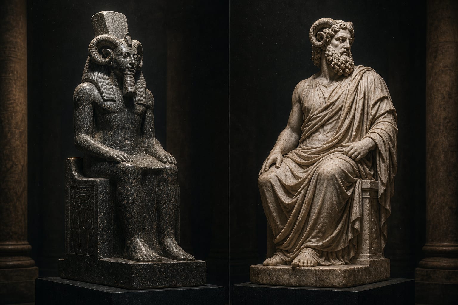 Composição dividida: à esquerda, estátua egípcia de Amon em granito com coroa de chifres de carneiro; à direita, estátua grega de Zeus barbado com chifres de carneiro nas têmporas, no modo Zeus-Amon.