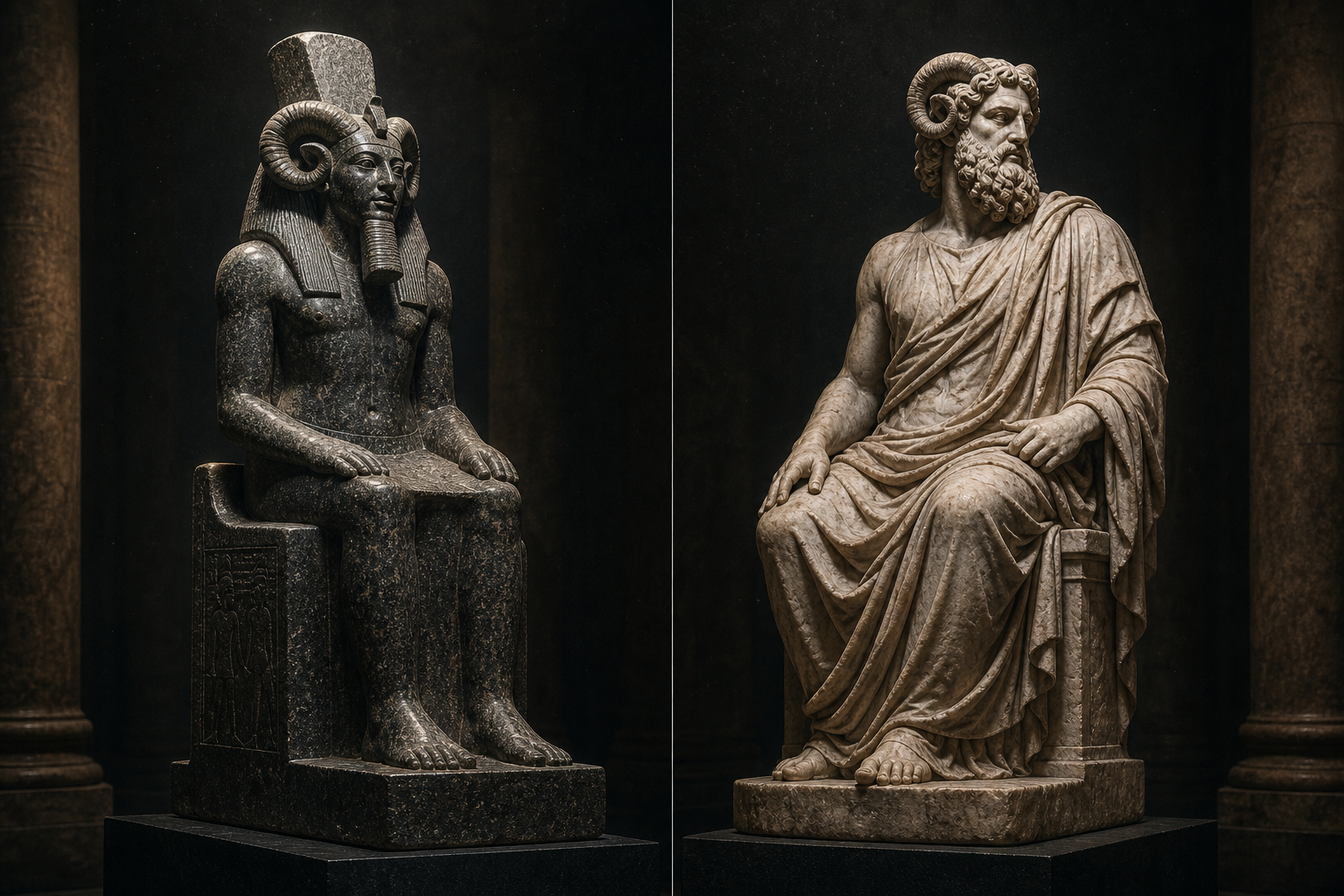 Composição dividida: à esquerda, estátua egípcia de Amon em granito com coroa de chifres de carneiro; à direita, estátua grega de Zeus barbado com chifres de carneiro nas têmporas, no modo Zeus-Amon.