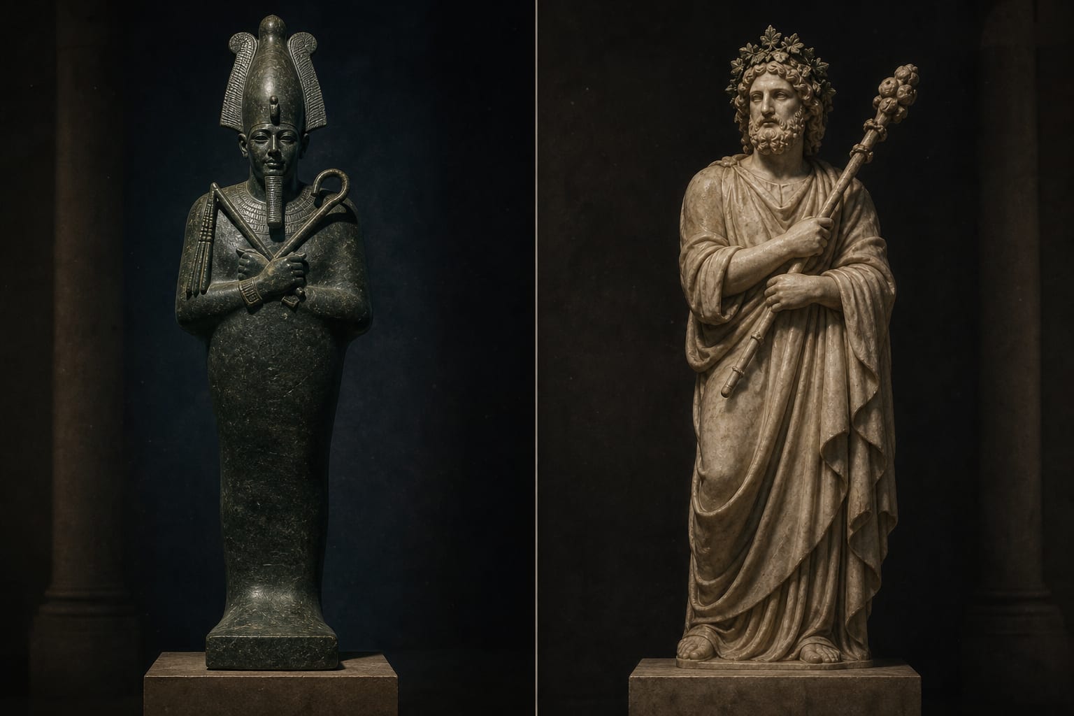 Composição dividida: à esquerda, estátua egípcia mumiforme de Osíris em xisto verde com cajado e mangual cruzados ao peito; à direita, estátua grega de Dioniso com coroa de hera e tirso cruzado no mesmo ângulo.