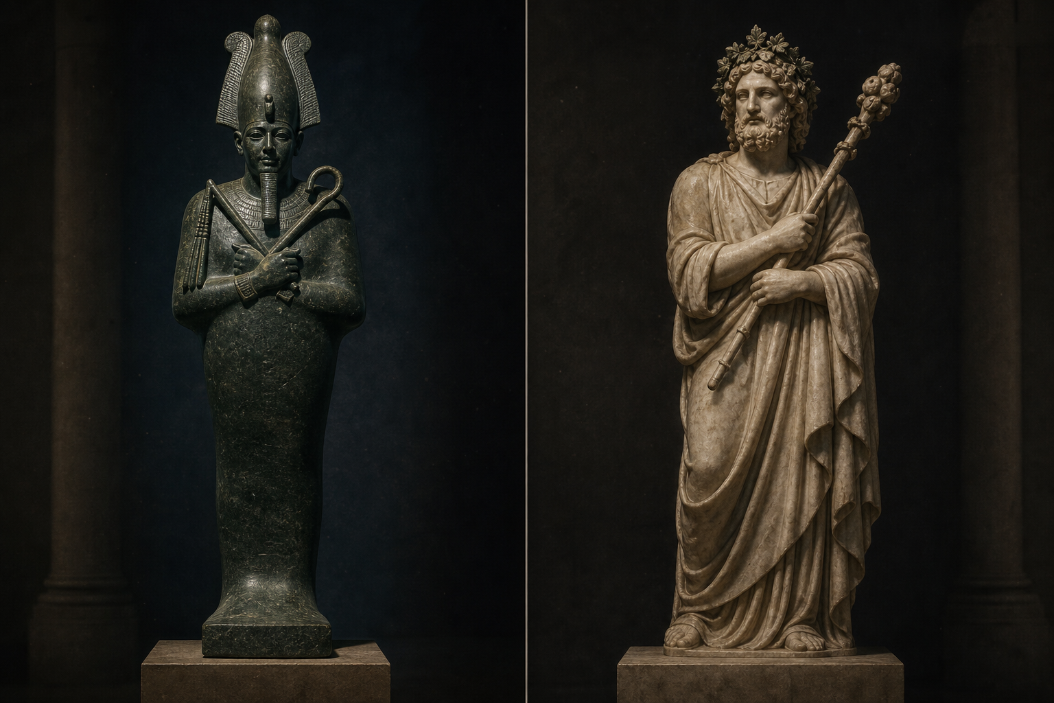 Composição dividida: à esquerda, estátua egípcia mumiforme de Osíris em xisto verde com cajado e mangual cruzados ao peito; à direita, estátua grega de Dioniso com coroa de hera e tirso cruzado no mesmo ângulo.