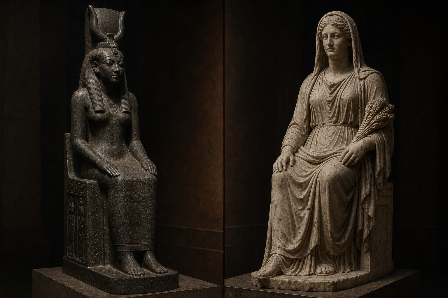 Composição dividida: à esquerda, estátua egípcia sentada de Ísis com o trono na cabeça; à direita, estátua grega sentada de Deméter, velada, com feixe de trigo, na mesma pose.