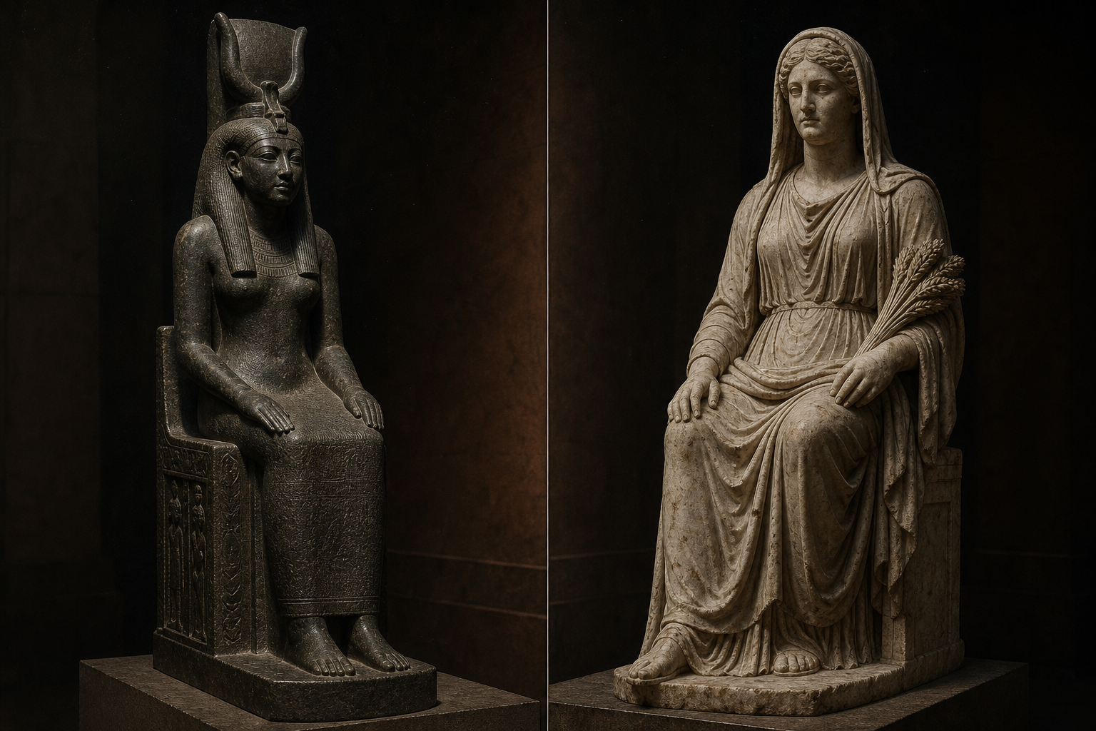 Composição dividida: à esquerda, estátua egípcia sentada de Ísis com o trono na cabeça; à direita, estátua grega sentada de Deméter, velada, com feixe de trigo, na mesma pose.