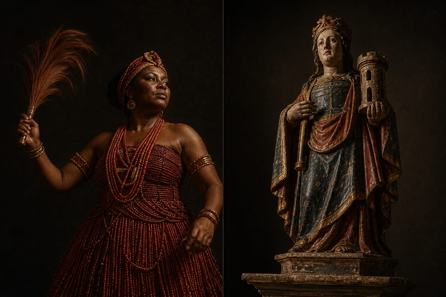 Composição dividida: à esquerda, mulher negra brasileira incorporando Iansã, em contas vermelhas, erguendo o eruexim; à direita, estátua colonial de madeira policromada de Santa Bárbara com a torre na mão, sob a mesma luz.