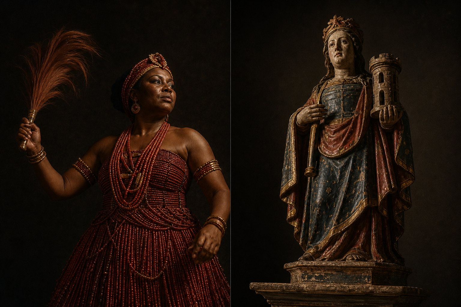 Composição dividida: à esquerda, mulher negra brasileira incorporando Iansã, em contas vermelhas, erguendo o eruexim; à direita, estátua colonial de madeira policromada de Santa Bárbara com a torre na mão, sob a mesma luz.