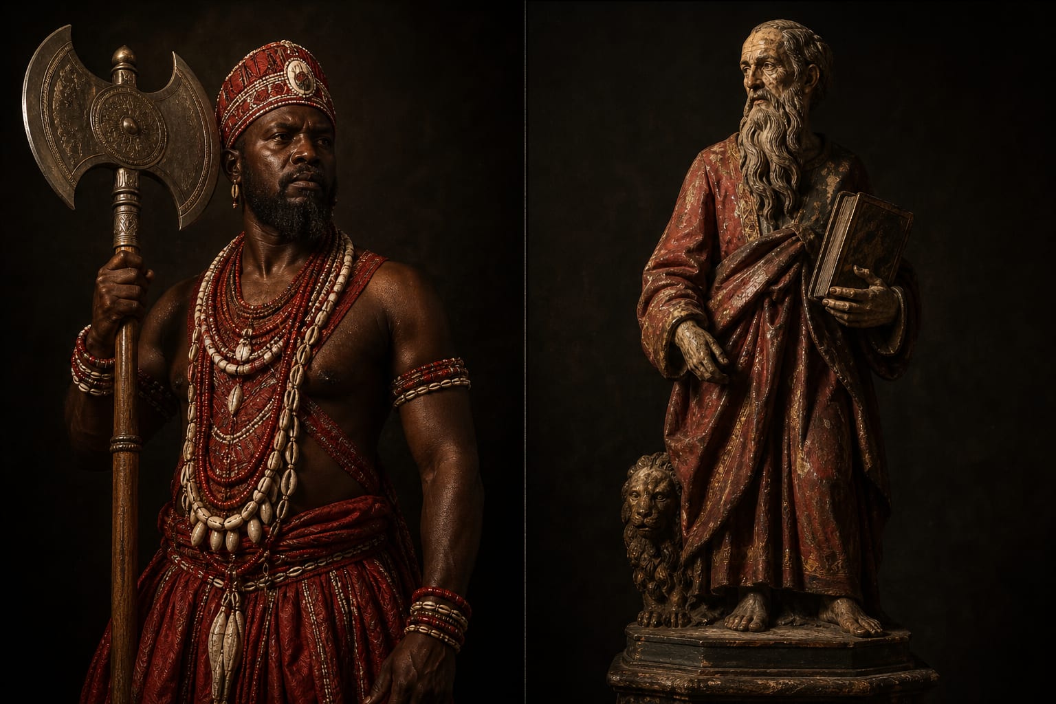 Composição dividida: à esquerda, homem negro brasileiro incorporando Xangô com paramentos vermelhos e brancos e machado duplo erguido; à direita, estátua colonial de madeira policromada de São Jerônimo de manto vermelho segurando um livro.