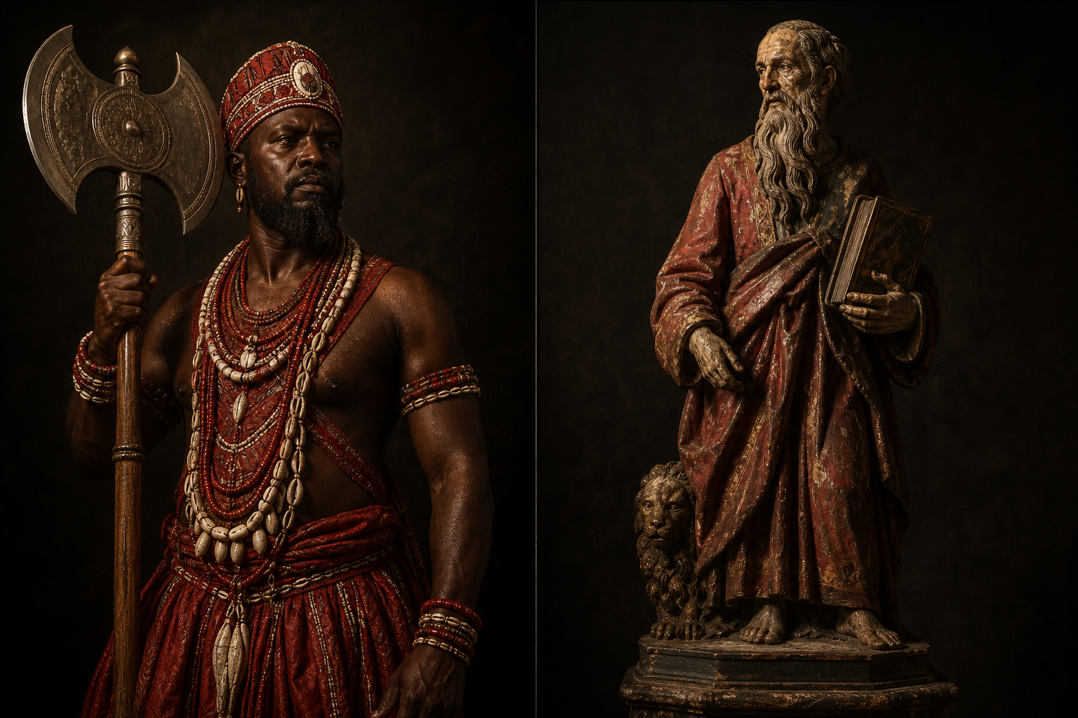 Composição dividida: à esquerda, homem negro brasileiro incorporando Xangô com paramentos vermelhos e brancos e machado duplo erguido; à direita, estátua colonial de madeira policromada de São Jerônimo de manto vermelho segurando um livro.