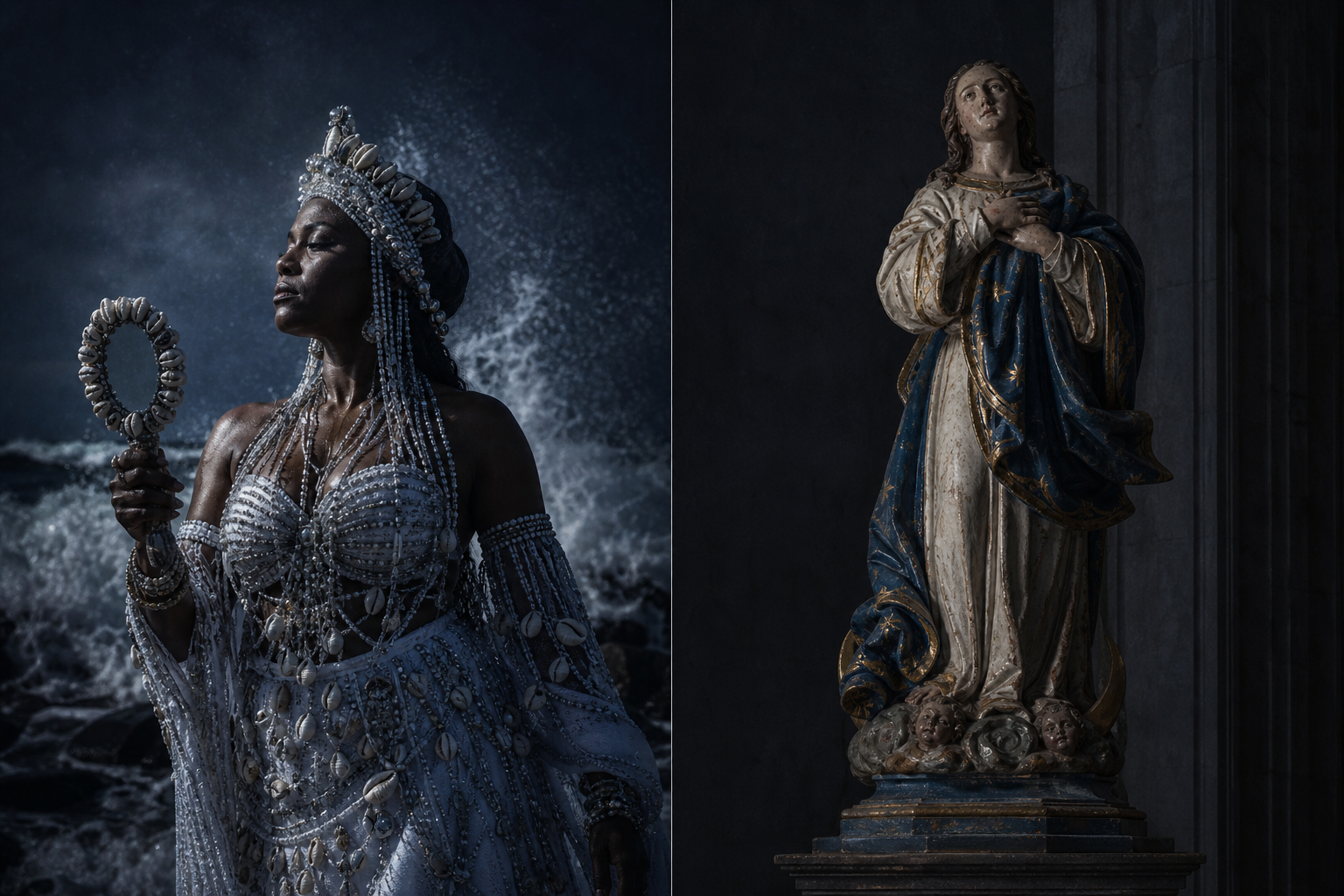 Composição dividida: à esquerda, mulher negra brasileira incorporando Iemanjá em contas brancas e prateadas com abebé, mar ao fundo; à direita, estátua colonial de madeira policromada de Nossa Senhora da Conceição em manto azul e branco.