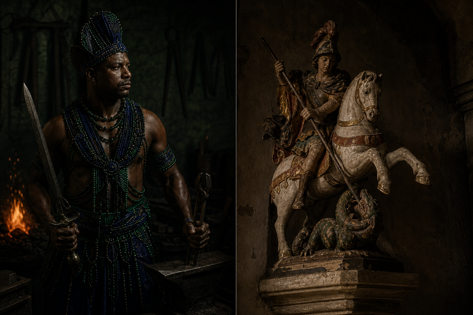 Composição dividida: à esquerda, homem negro brasileiro incorporando Ogum com paramentos verde-escuros, espada e ferramentas de ferro; à direita, estátua colonial de madeira policromada de São Jorge a cavalo com a lança baixada.
