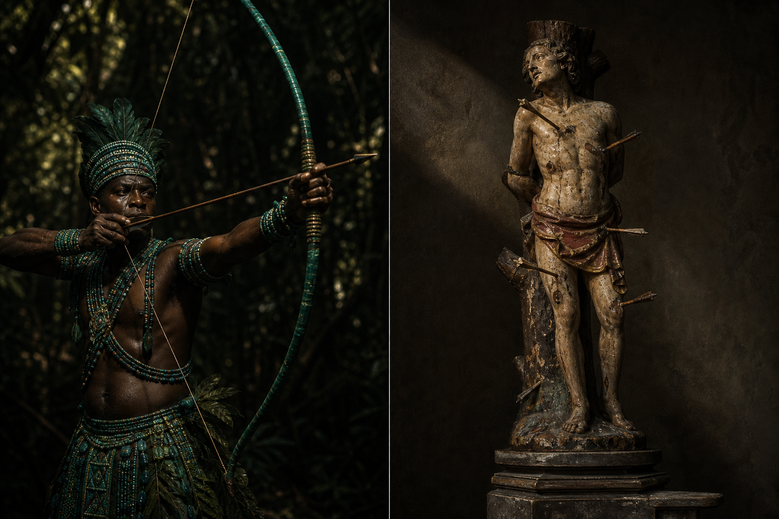 Composição dividida: à esquerda, homem negro brasileiro incorporando Oxóssi retesando um arco cerimonial na mata; à direita, estátua colonial de madeira policromada de São Sebastião amarrado a um tronco e atravessado por flechas.