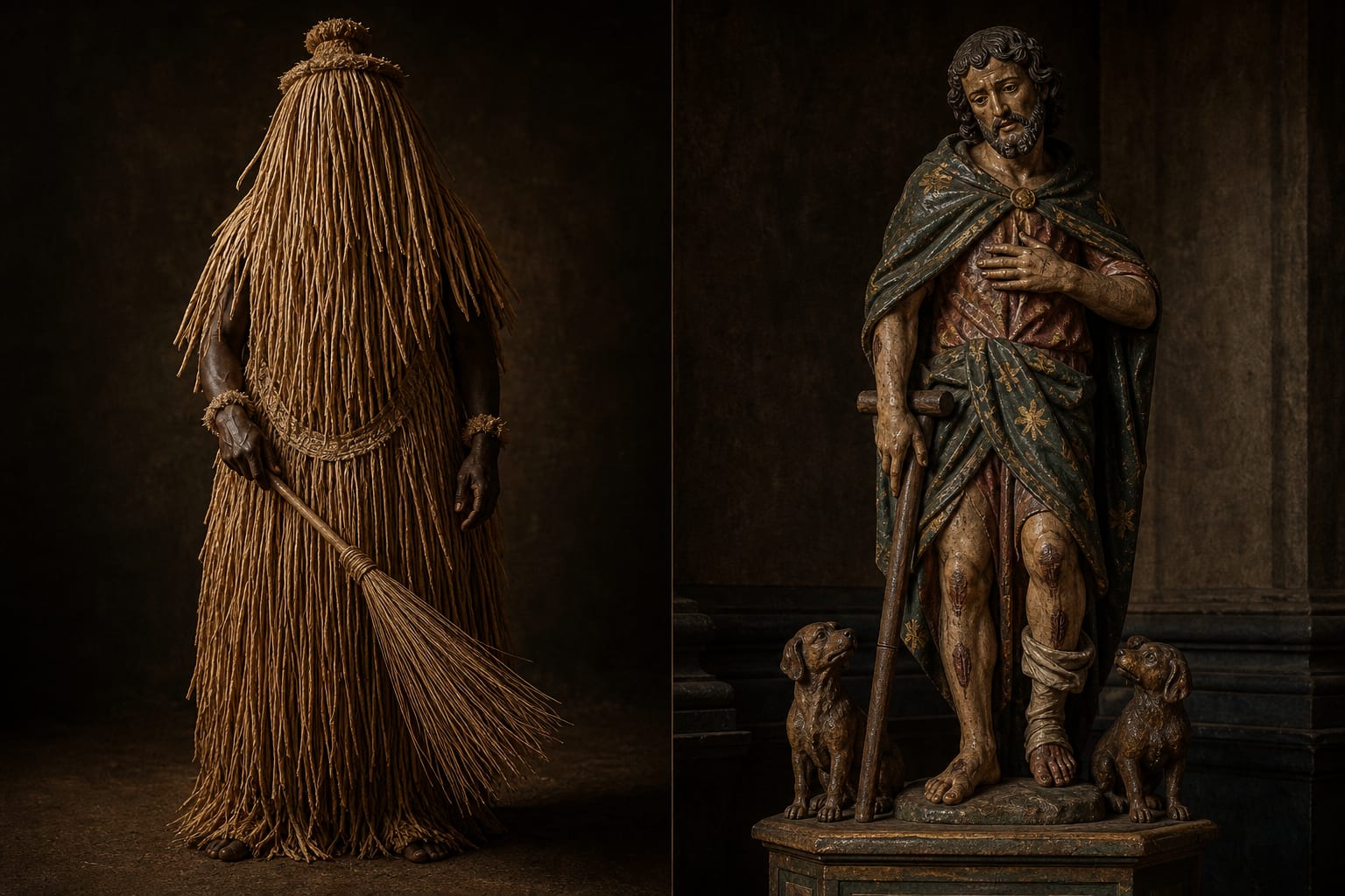 Composição dividida: à esquerda, figura incorporando Omulu inteiramente coberta por palha da costa, sem rosto visível; à direita, estátua colonial de madeira policromada de São Lázaro apoiado em muleta, com feridas nas pernas e cães aos pés.