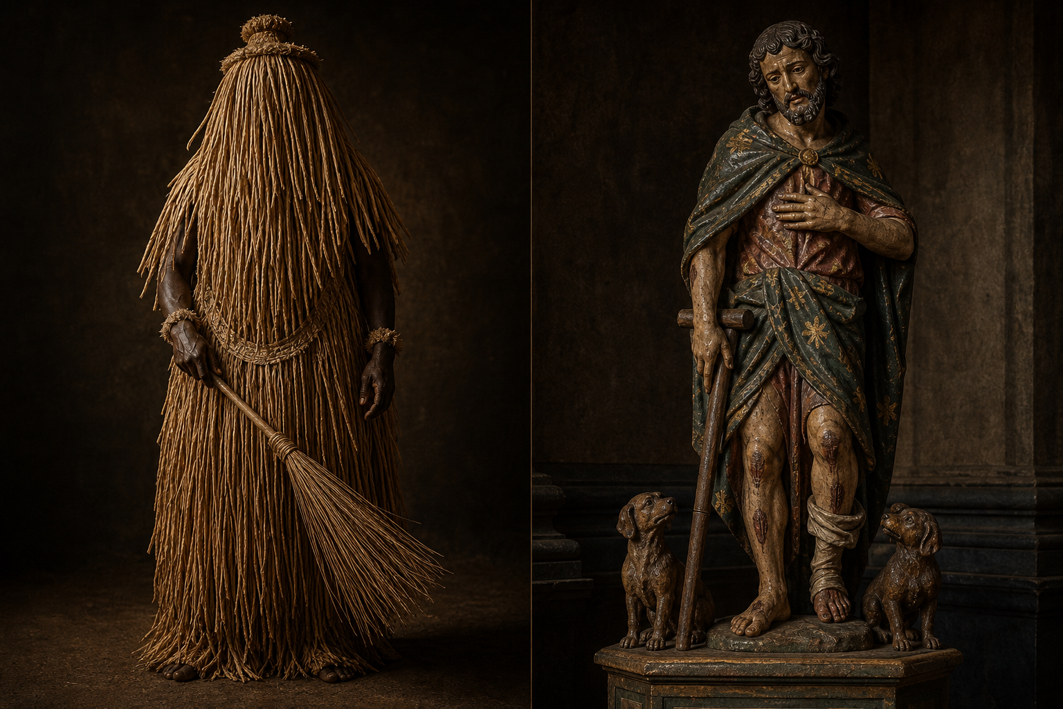 Composição dividida: à esquerda, figura incorporando Omulu inteiramente coberta por palha da costa, sem rosto visível; à direita, estátua colonial de madeira policromada de São Lázaro apoiado em muleta, com feridas nas pernas e cães aos pés.