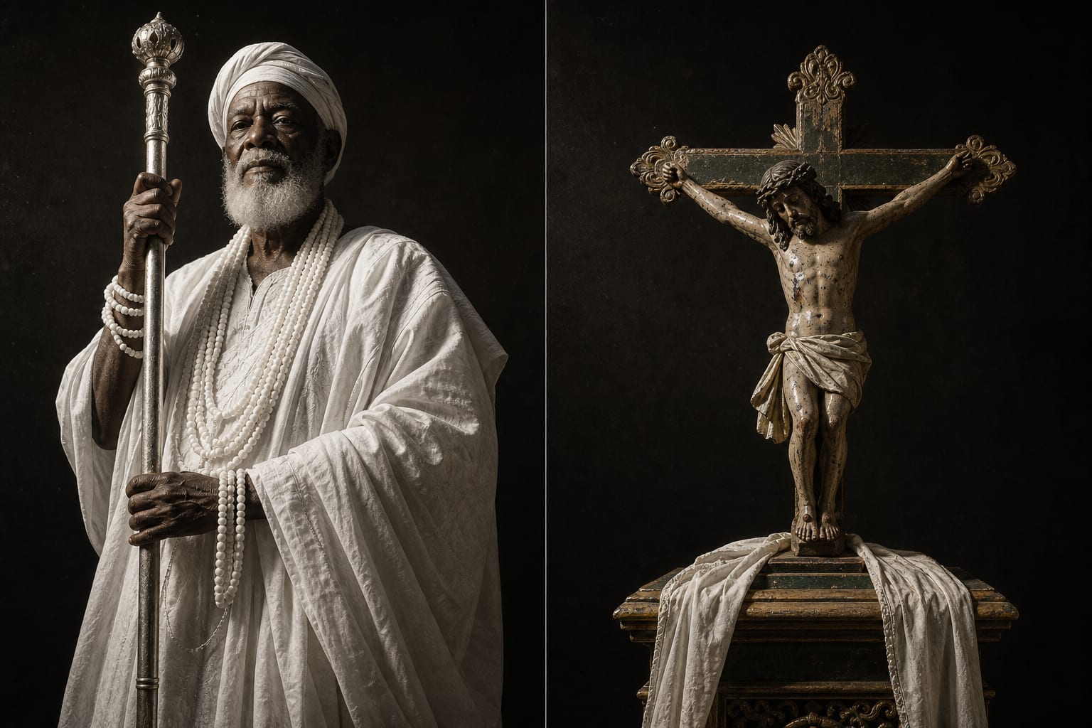 Composição dividida: à esquerda, homem negro brasileiro idoso incorporando Oxalá, todo de branco, apoiado no opaxorô; à direita, imagem colonial do Senhor do Bonfim com pano branco, sob a mesma luz.