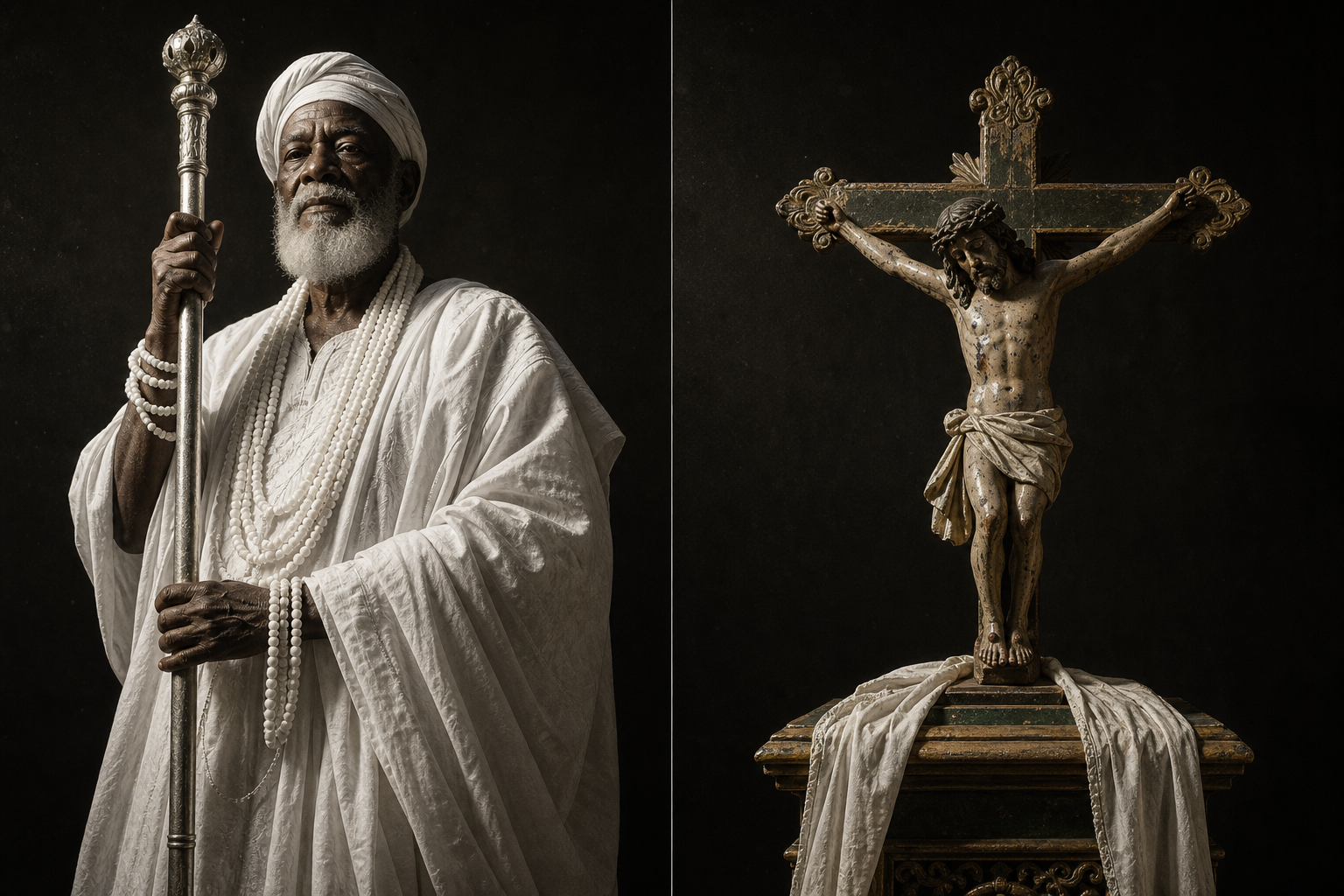 Composição dividida: à esquerda, homem negro brasileiro idoso incorporando Oxalá, todo de branco, apoiado no opaxorô; à direita, imagem colonial do Senhor do Bonfim com pano branco, sob a mesma luz.